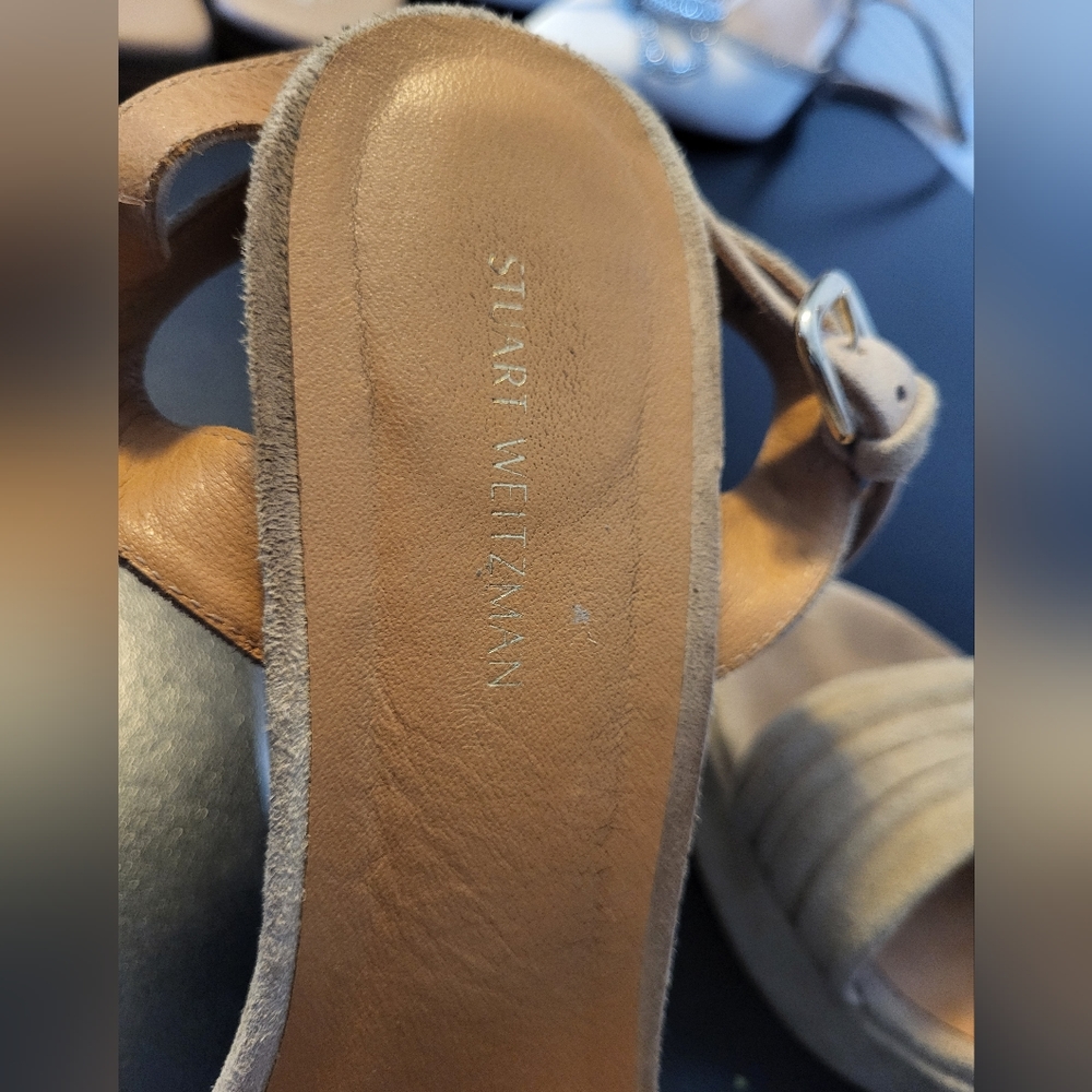 Stuart WeitzmanSundraped Suede Platform Wedge Sandals, Med. Beig - Picture 8 of 11